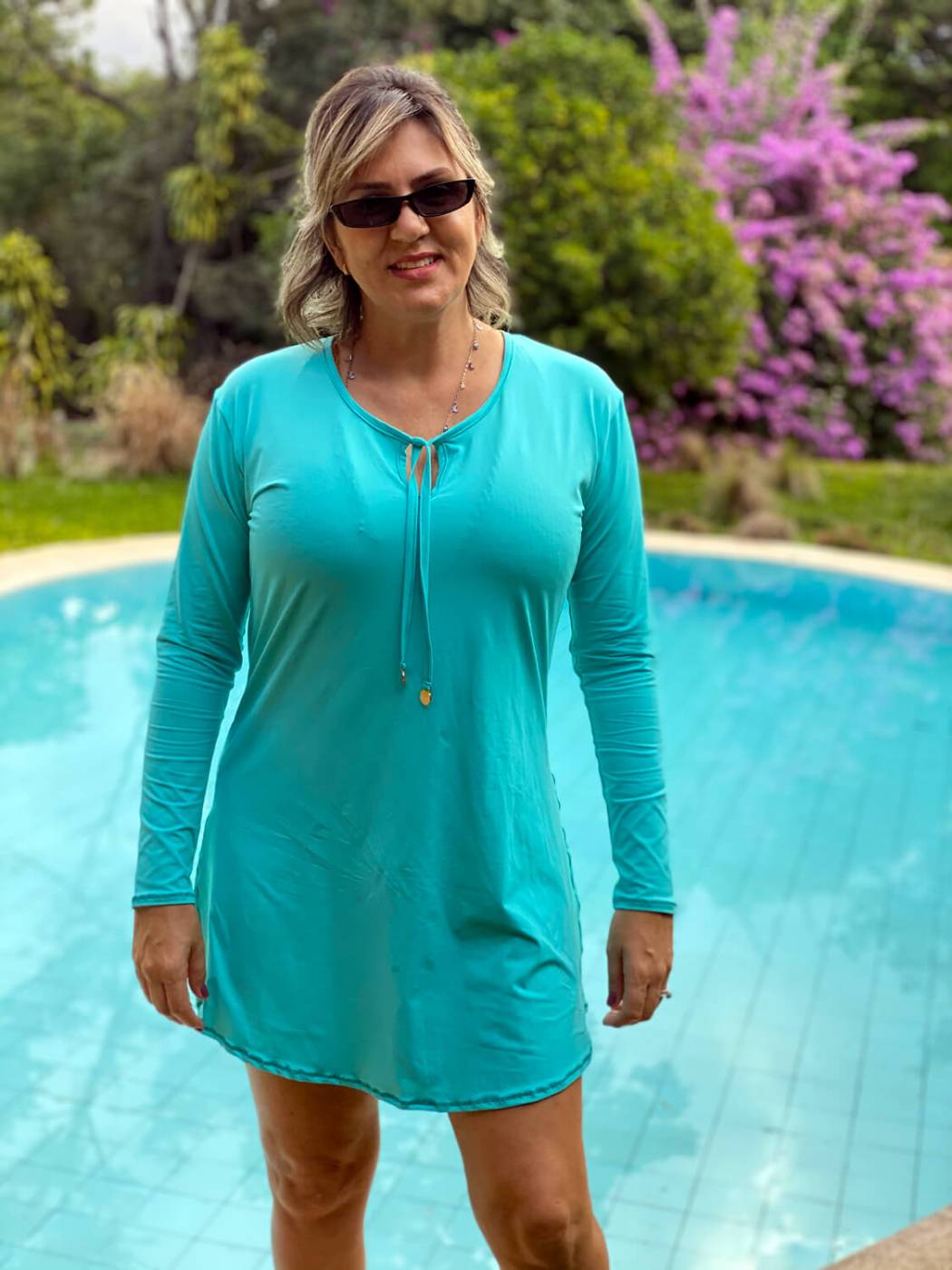 Saída de Praia UV com Proteção Solar Chemise Manga Longa Azul