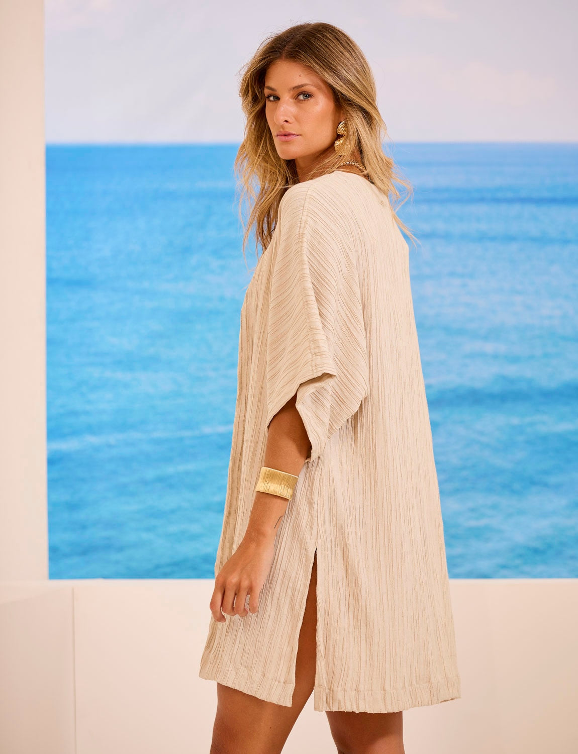 Kimono Alfaiataria Nervuras Linho Areia