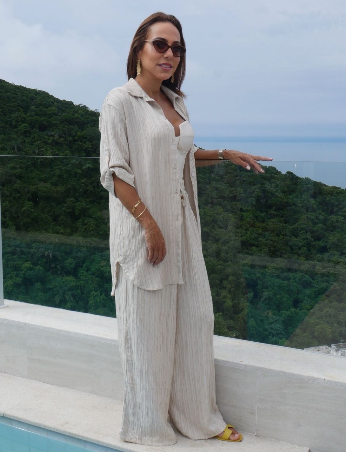 Conjunto Camisa e Calça Nervuras Linho Areia