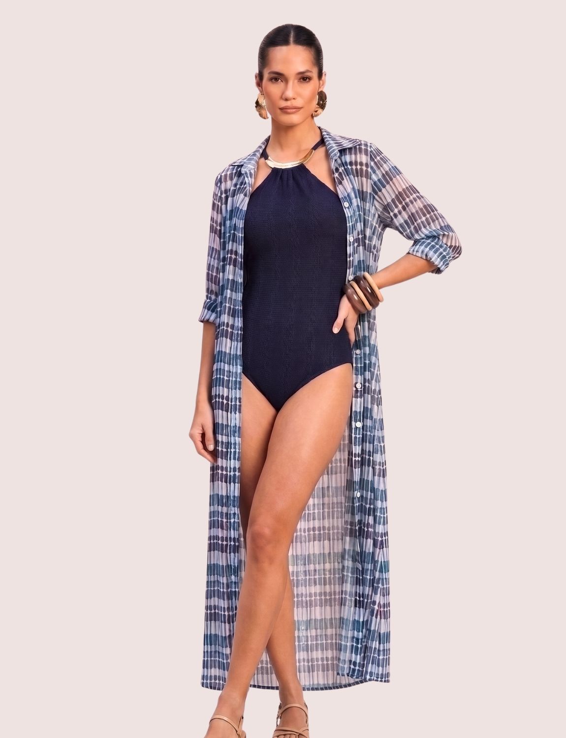 Maiô Texturizado com Gargantilha Ouro Azul Navy