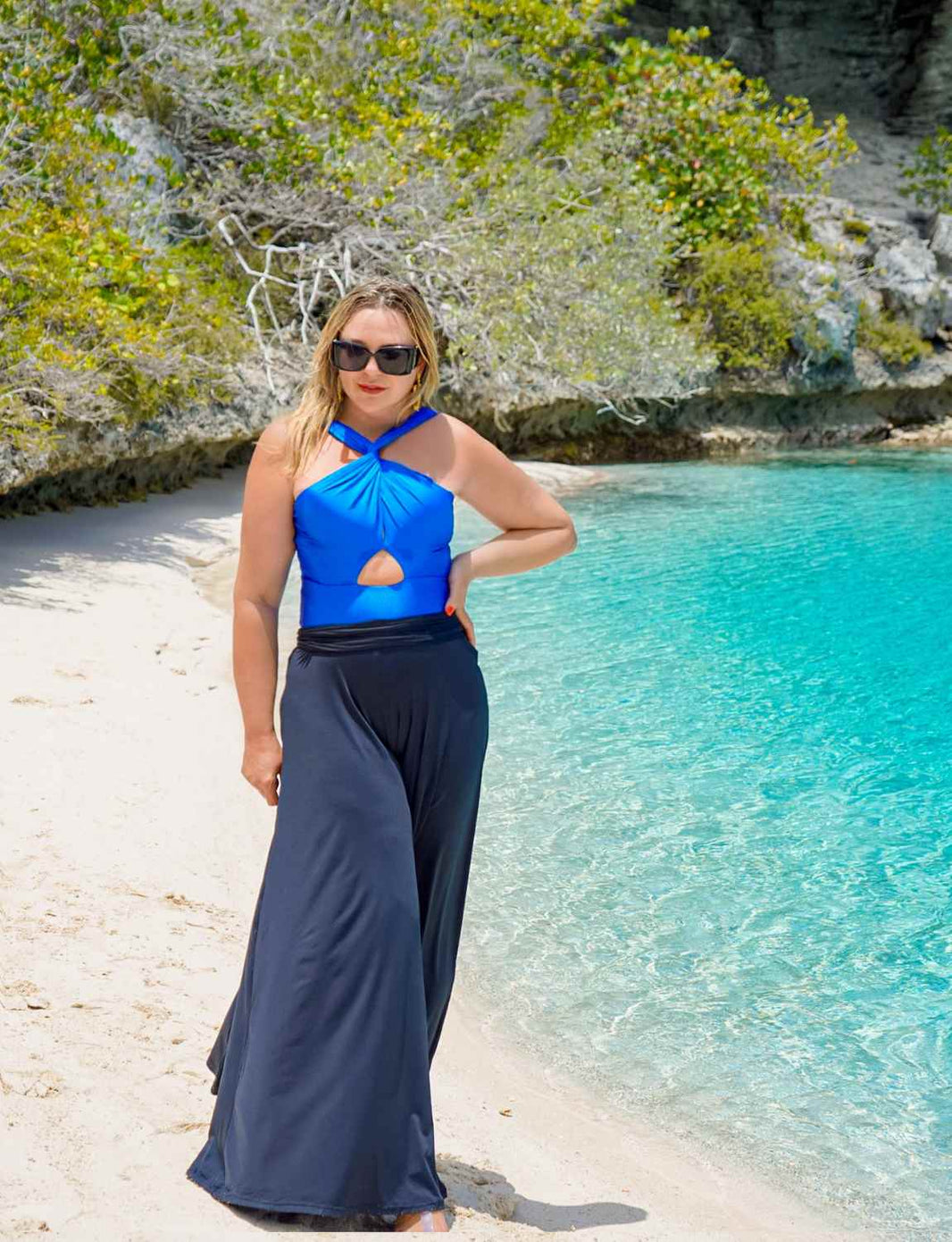 Look Completo Maiô Transpassado Cobalto + Calça Cós Largo Extra Comfort