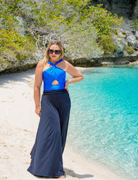 Look Completo Maiô Transpassado Cobalto + Calça Cós Largo Extra Comfort