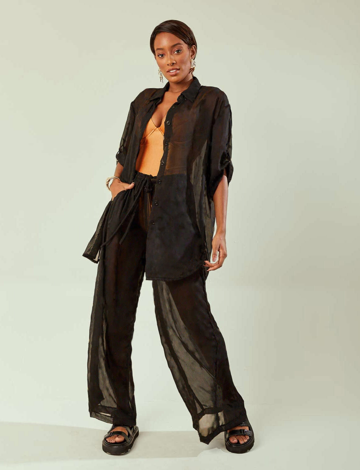 Camisa Kimono Mangas Curta com Foil Black