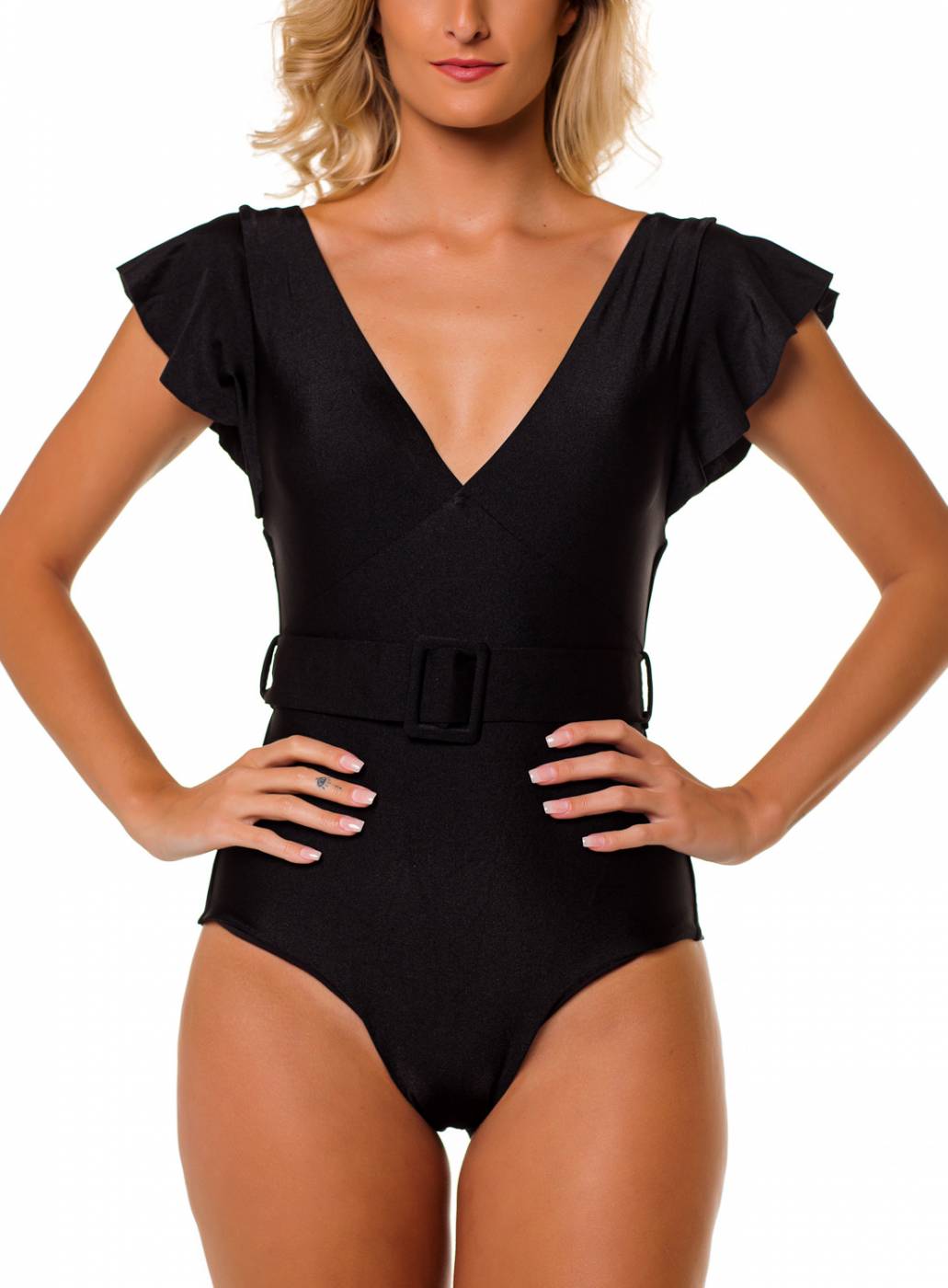 Maiô Body Decote V Retro com Mangas e Cinto Preto