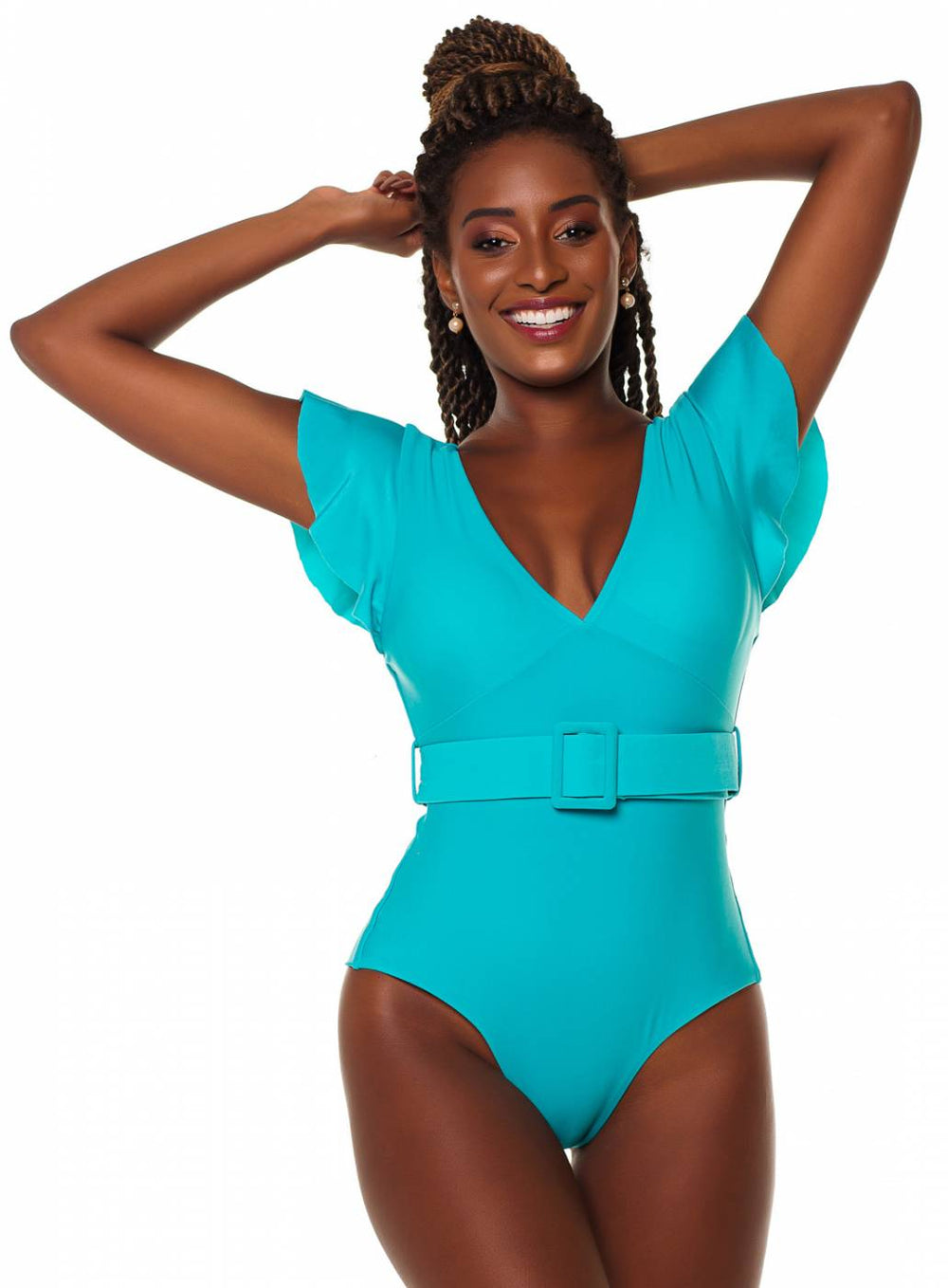 Maiô Body Decote V Retro com Mangas e Cinto Verde