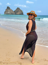 Vestido Saída Longa sem mangas com Fivelas Lateral