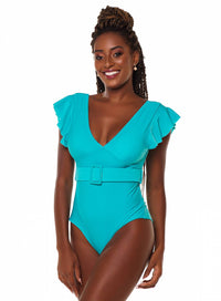 Maiô Body Decote V Retro com Mangas e Cinto Verde