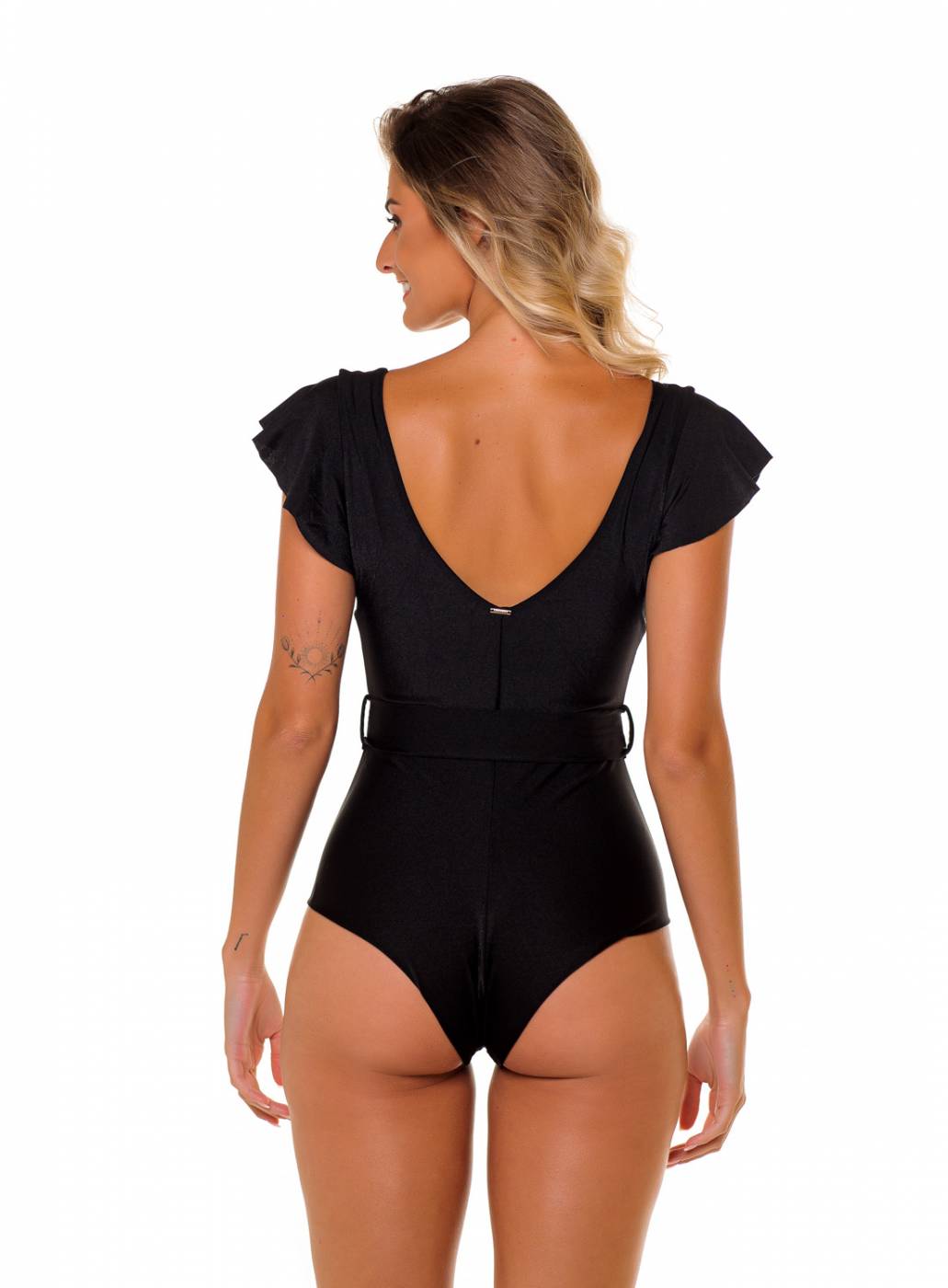 Maiô Body Decote V Retro com Mangas e Cinto Preto