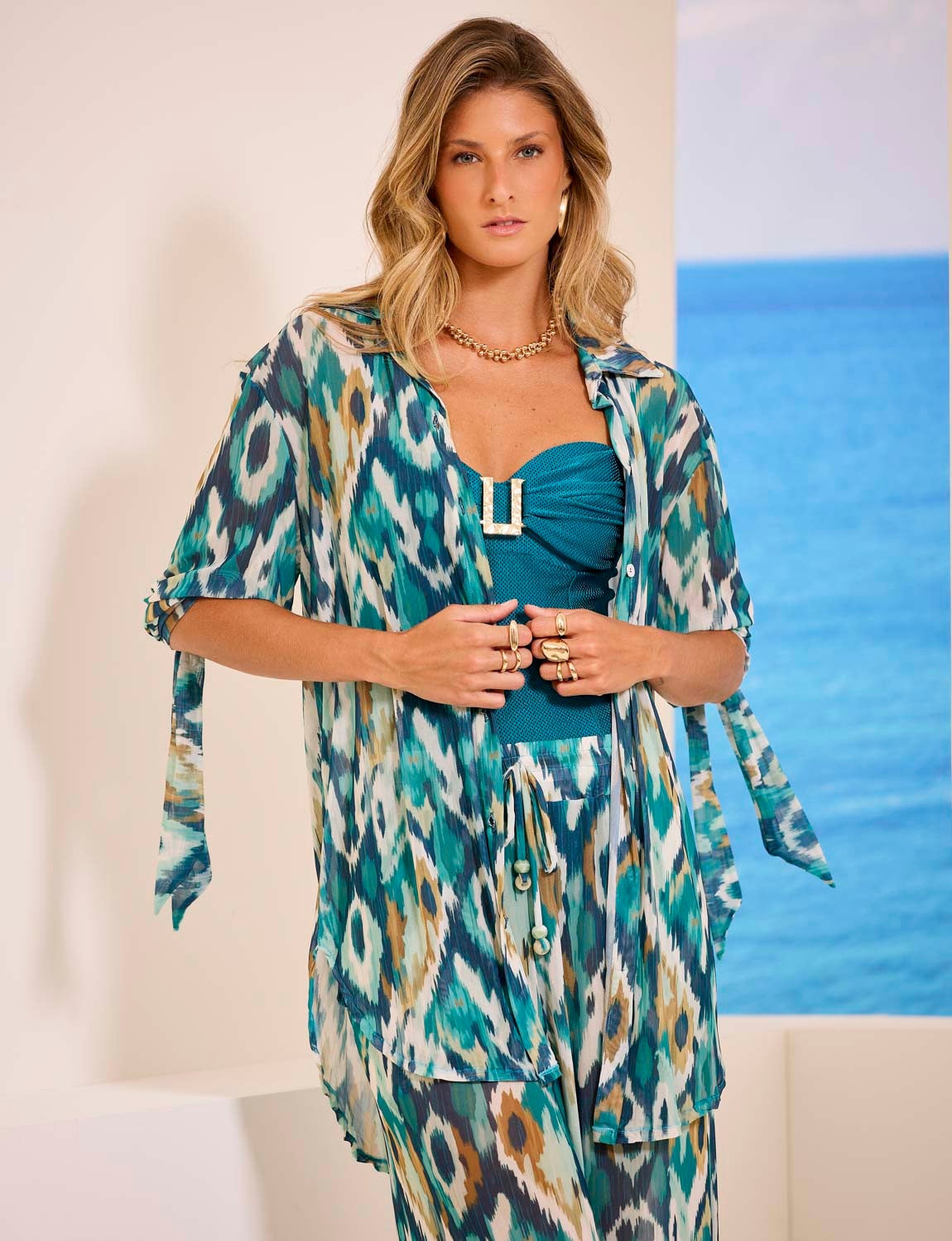 Conjunto Camisa Manga Longa com Amarrações + Calça Fluida Tule Botanic Flow