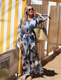 Saída Chemise Maxi Manga Longa Azul Aquarelada