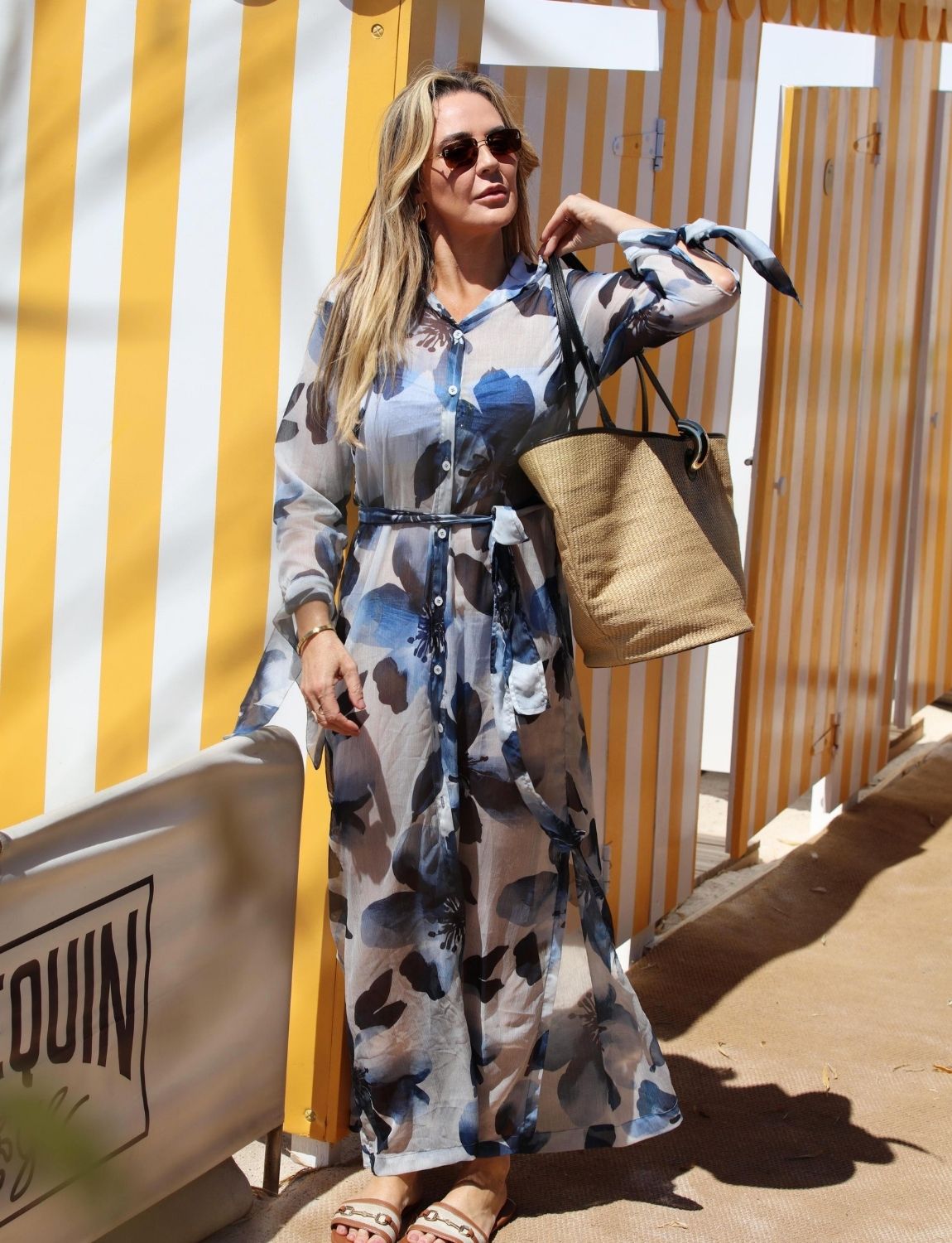 Saída Chemise Maxi Manga Longa Azul Aquarelada