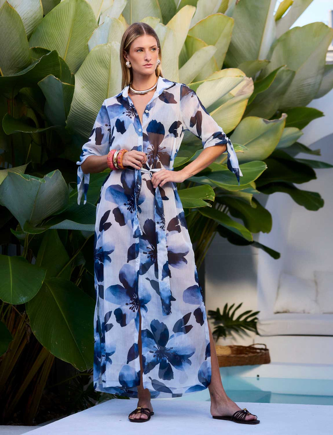 Saída Chemise Maxi Manga Longa Azul Aquarelada