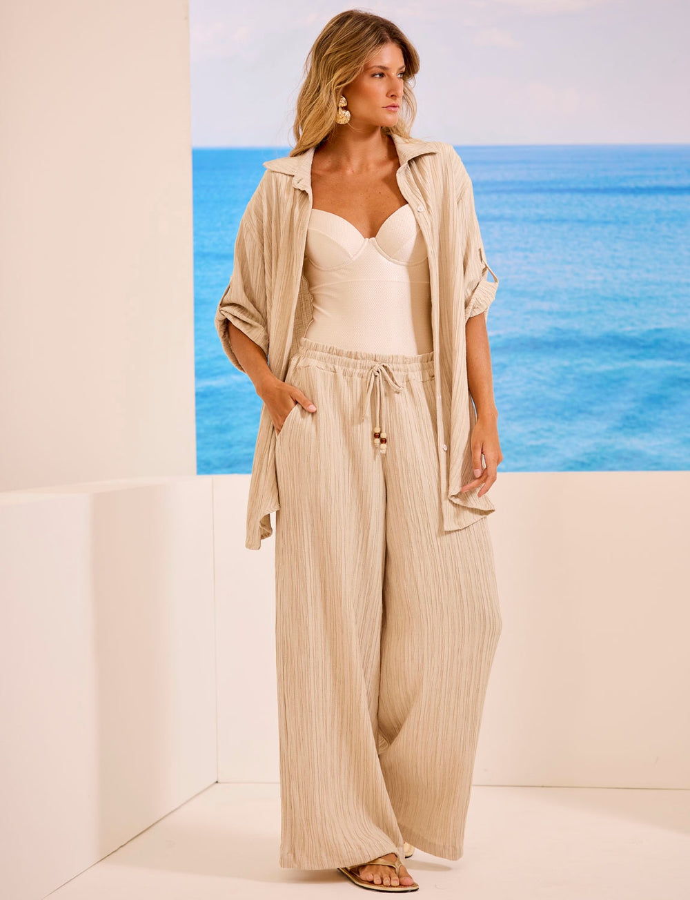 Calça Nervuras Linho Areia