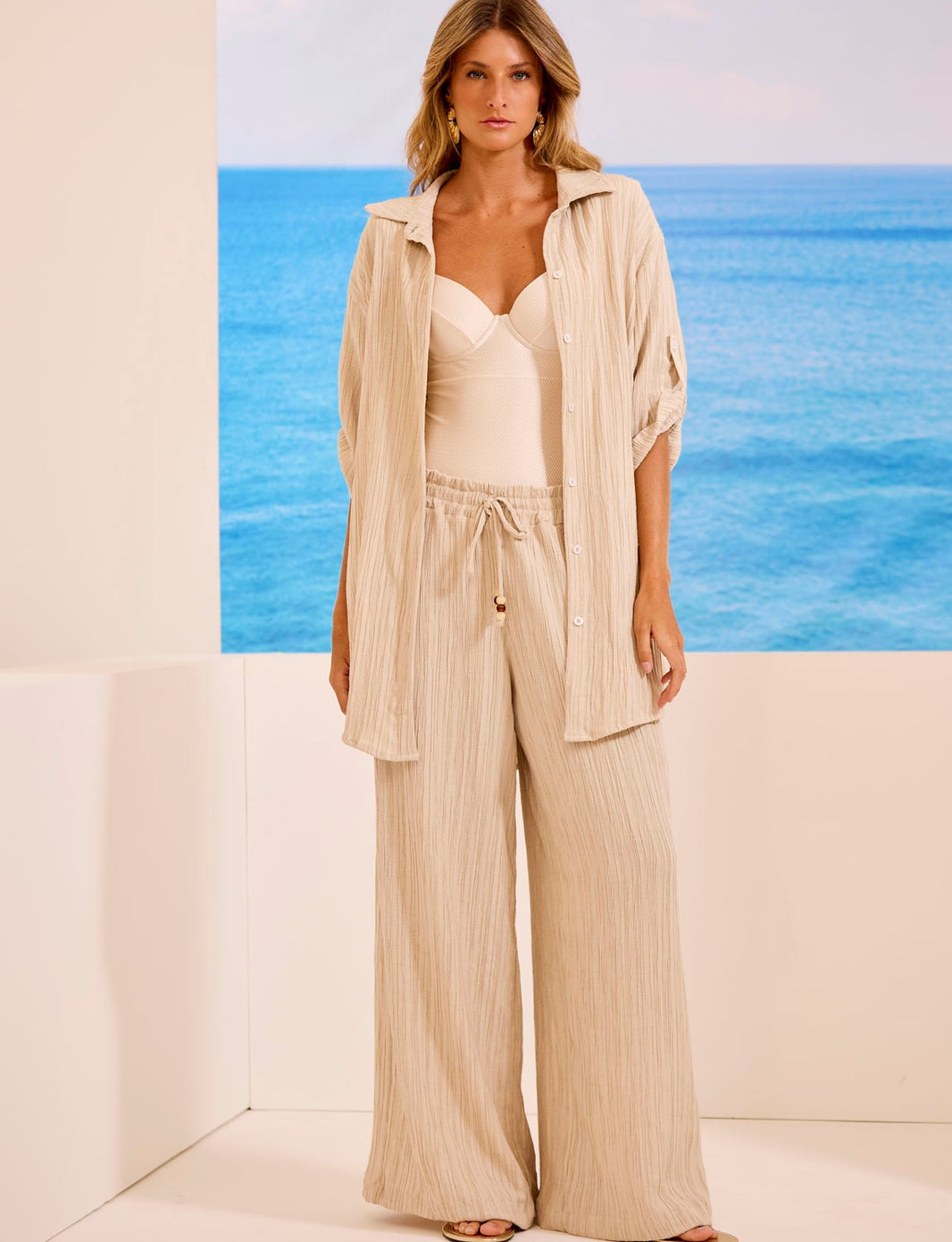 Camisa Chemise Botões Nervuras Linho Areia