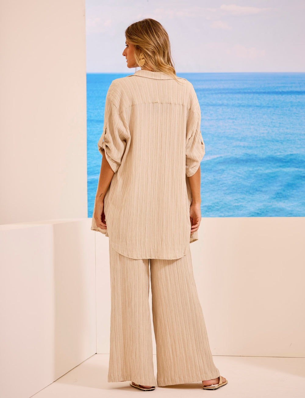 Camisa Chemise Botões Nervuras Linho Areia