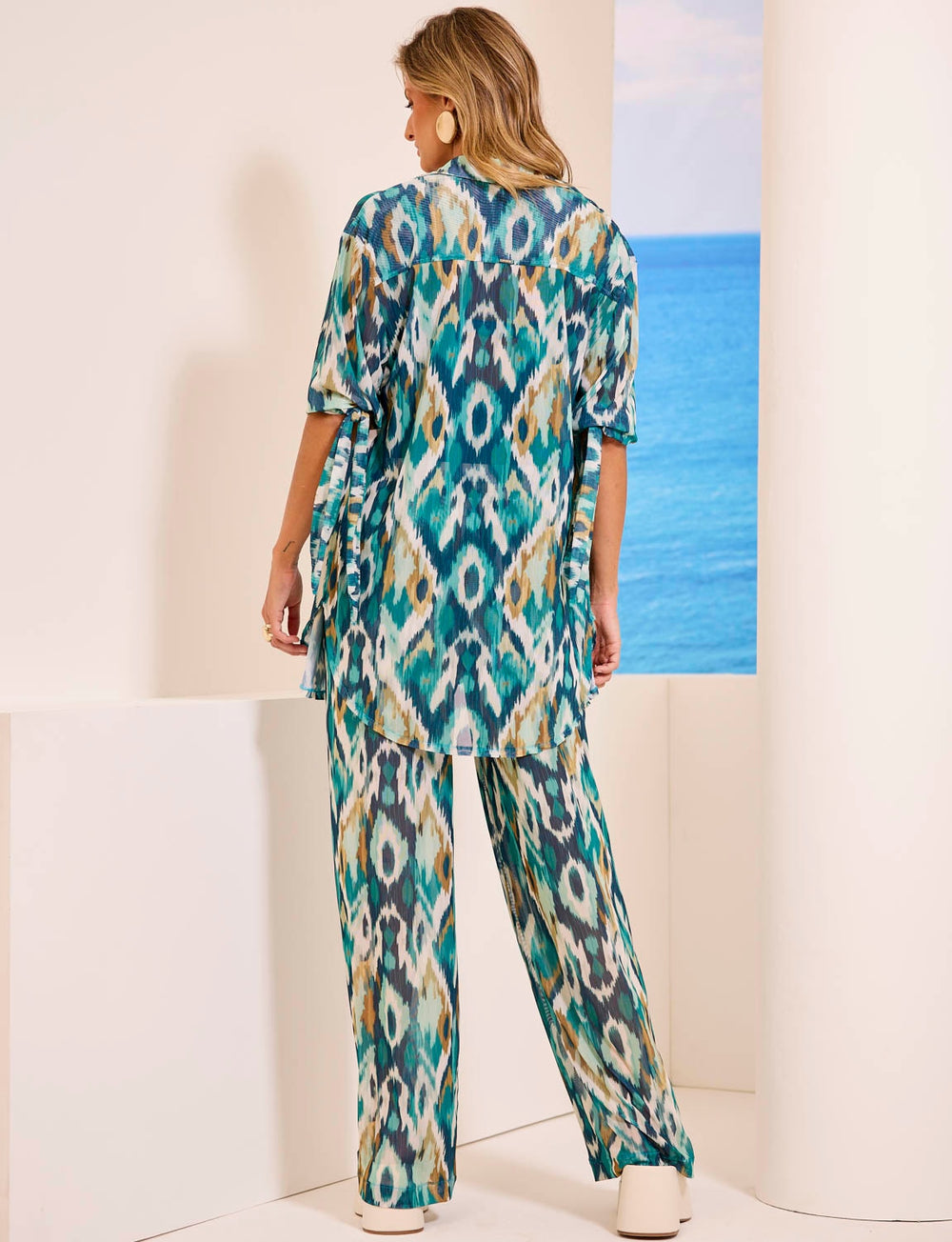 Conjunto Camisa Manga Longa com Amarrações + Calça Fluida Tule Botanic Flow