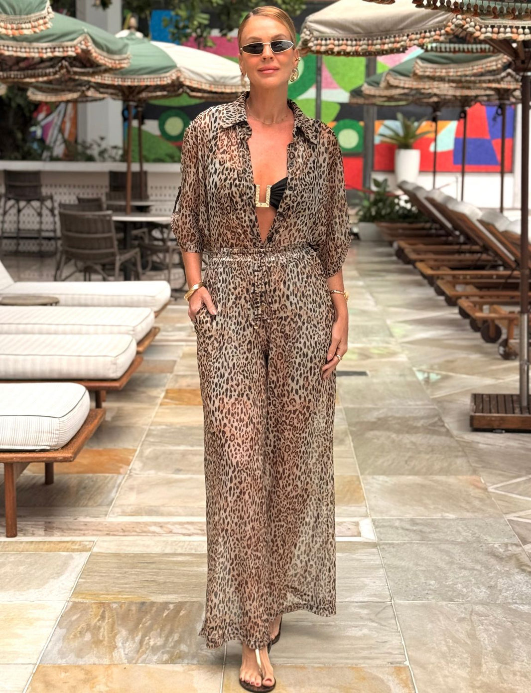 Calça Fluida Tule Estampa Jaguar Print