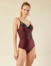 Maiô Ultra Modelador com Aro Estruturado e Tule Bordô