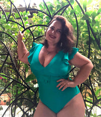 Maiô Body Decote V Retro com Mangas e Cinto Verde