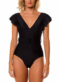 Maiô Body Decote V Retro com Mangas e Cinto Preto