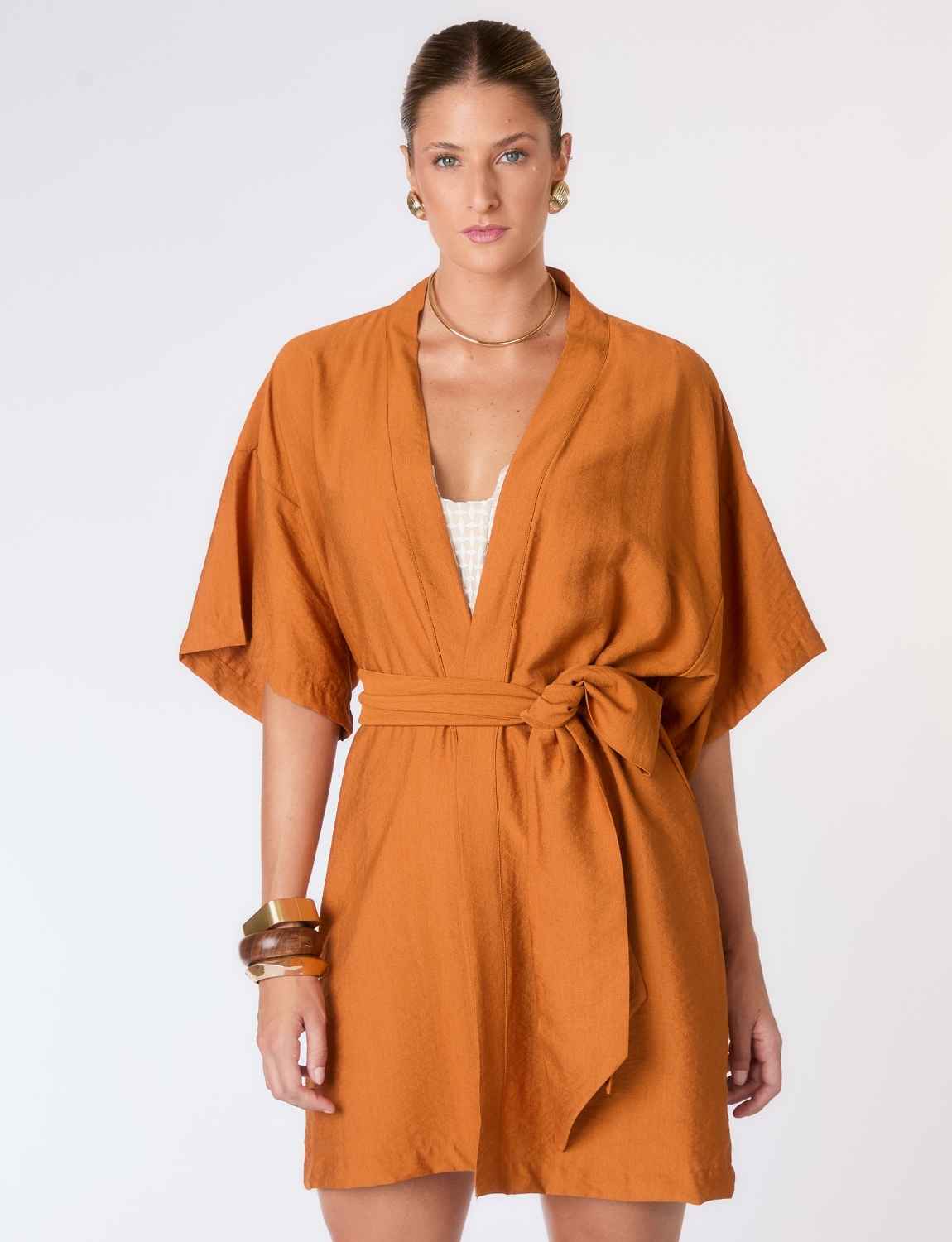 Kimono Estruturado Liso Conhaque – Kalini Beachwear