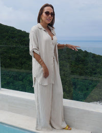 Camisa Chemise Botões Nervuras Linho Areia