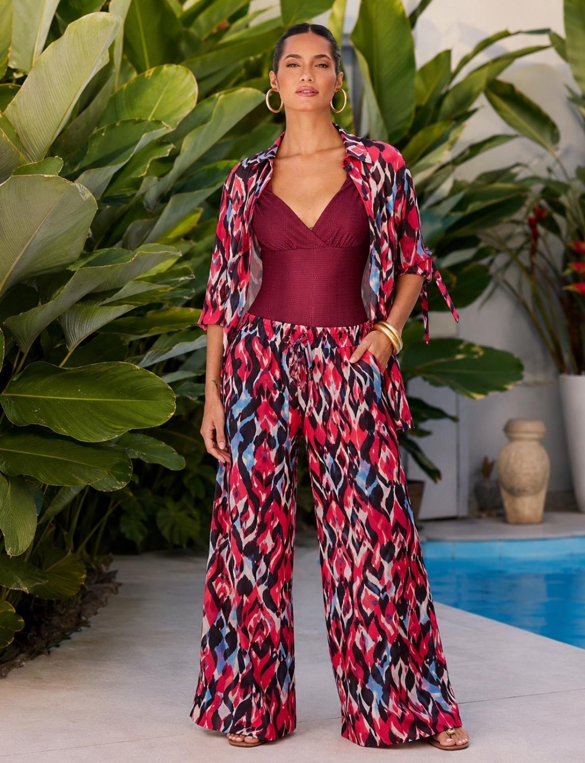 Look Completo Maiô Cruzado + Camisa Botões + Calça Pantalona