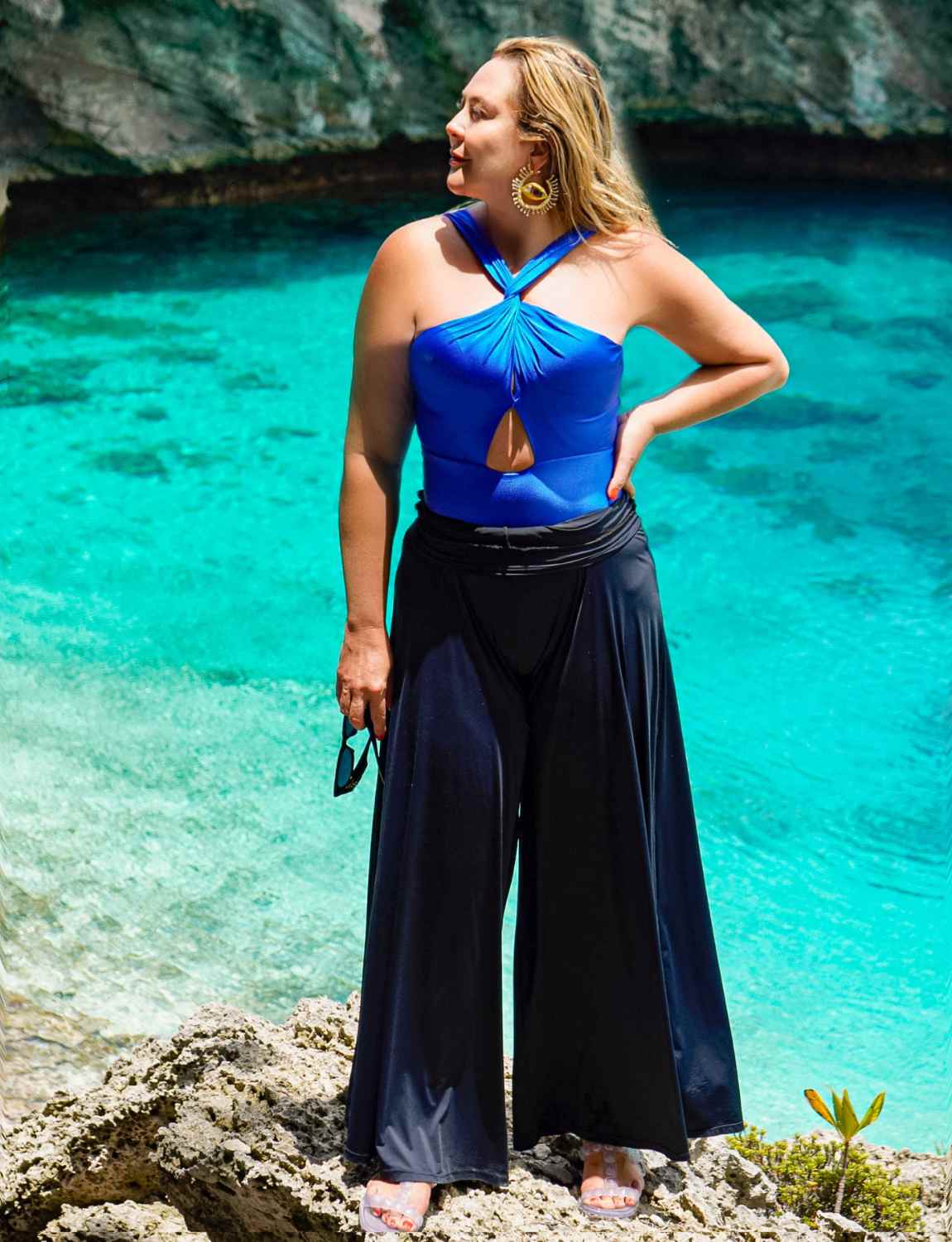 Look Completo Maiô Transpassado Cobalto + Calça Cós Largo Extra Comfort