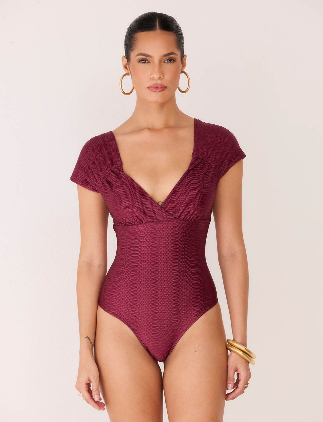 Maiô Decote Cruzado Manga Drapeada Burgundy
