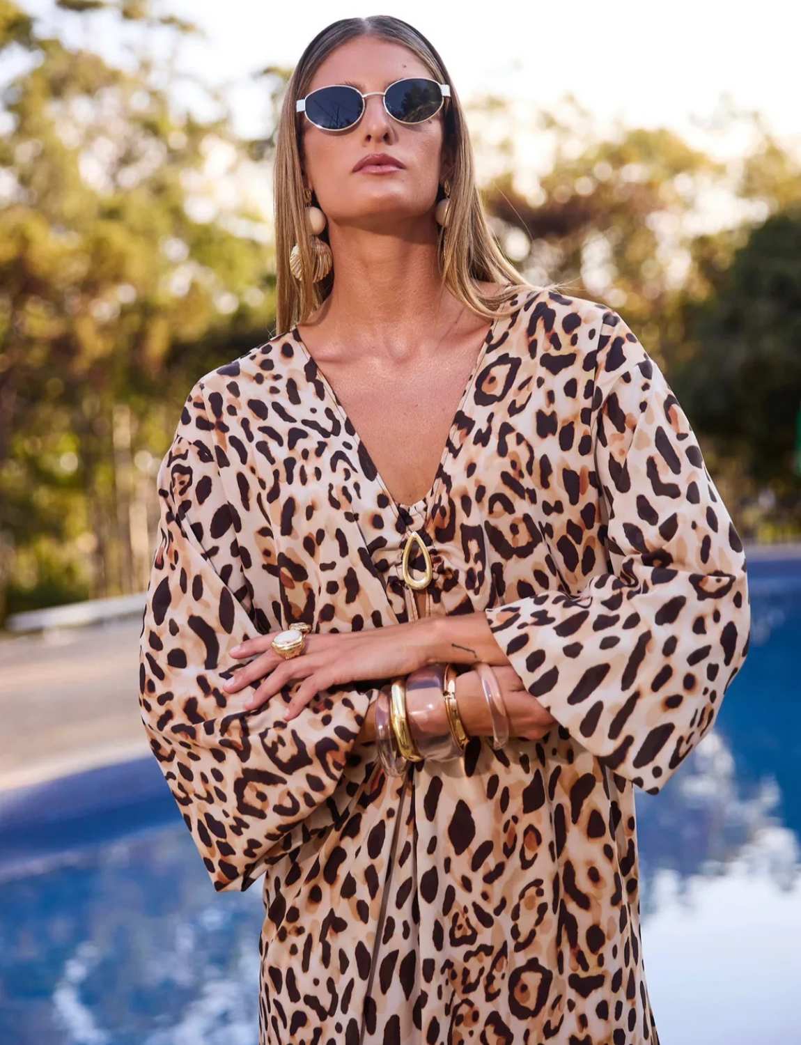 Saída de Praia Longa Gota Ouro Jaguar Print