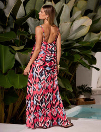 Costas do Vestido Longo Lavis Kalini em Seda Gloss com modelagem fluida resortwear