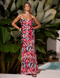 Vestido Longo Lavis Kalini em Seda Gloss com alças em pedras e modelagem resort sofisticada
