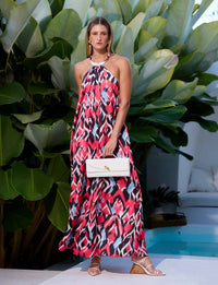 Vestido Longo Gargantilha Ouro Lavis em Seda Gloss Kalini Beachwear com modelagem fluida sofisticada