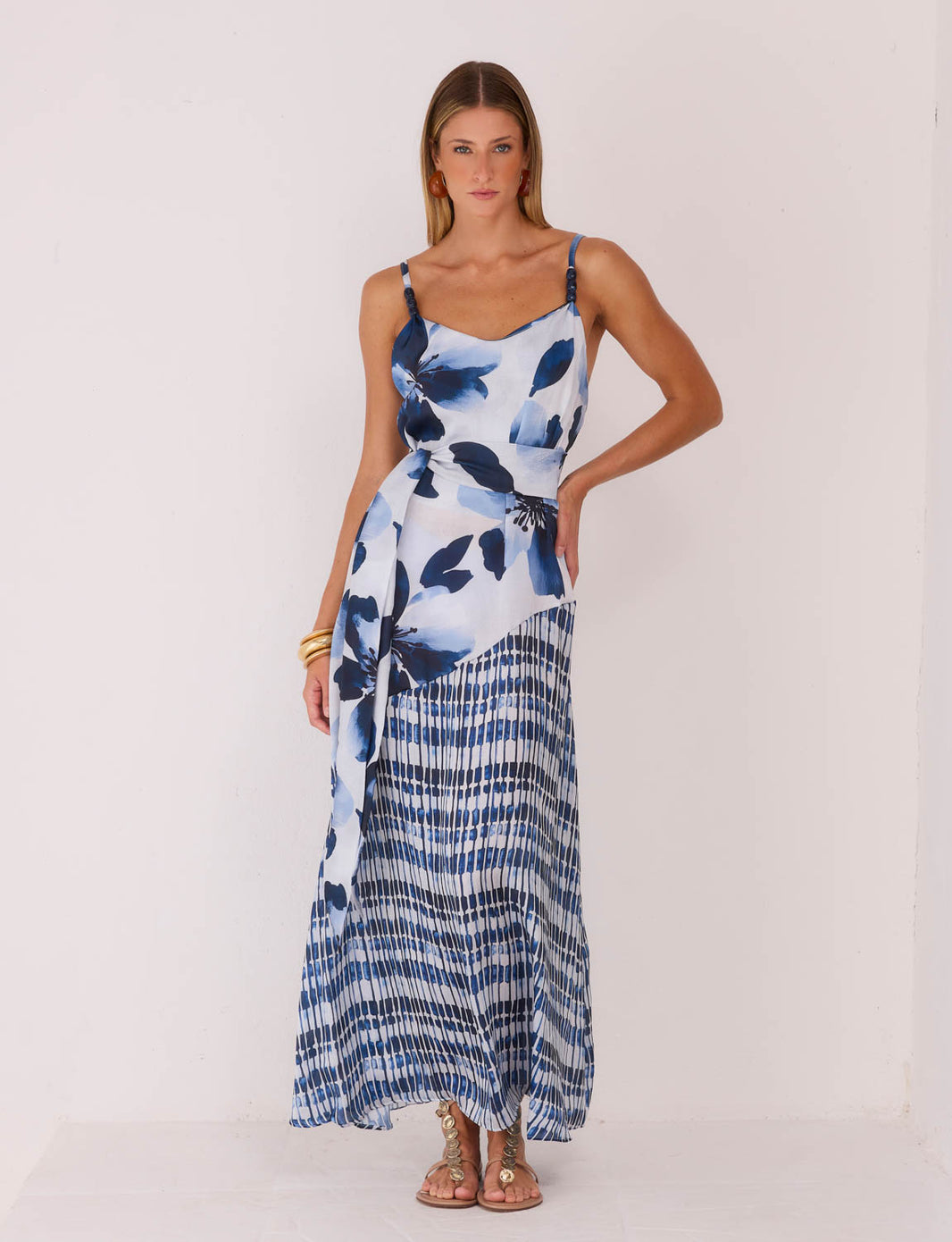 Vestido Longo Alça Navy Com Faixa Azul Aquarelado